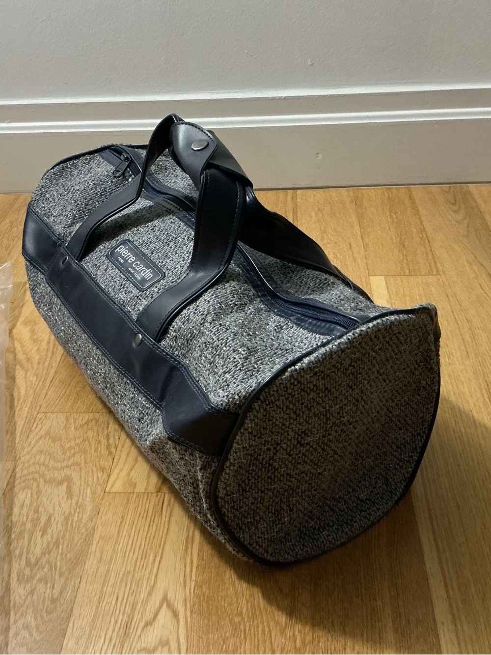 Vintage Pierre Cardin Tweed Duffel Bag with Navy Trim